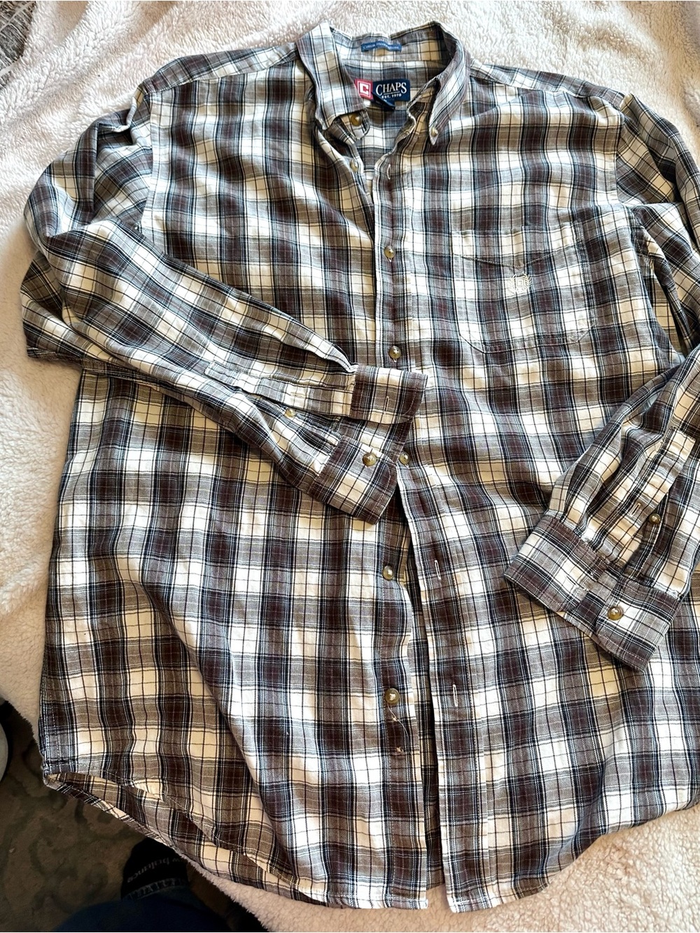 Chaps Brown and White Cotton Herringbone Plaid Button-Down Shirt